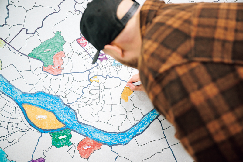 His handdrawn map gets a splash of color after each of his visits