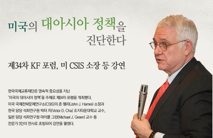 미국의 대아시아 정책을 진단한다  제34차 KF 포럼, 美 CSIS 소장 등 강연  한국국제교류재단은 영속적 중요성을 지닌 ‘미국의 대아시아 정책’을 주제로 제34차 포럼을 개최했다. 미국 국제전략문제연구소(CSIS)의 존 햄리(John J. Hamre) 소장과 한국 담당 석좌연구원 빅터 차(Victor D. Cha) 조지타운대학교 교수, 일본 담당 석좌연구원 마이클 그린(Michael J. Green) 교수 등 전문가 3인이 연사로 초빙되어 강연을 펼쳤다.