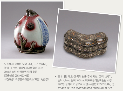 도 3 백자 복숭아 모양 연적, 조선 19세기, 높이 11.7cm, 필라델피아미술관 소장, 2003년 스티븐 매코믹 대령 유증 (유물번호 003-133-16) 사진제공: 국립문화재연구소(사진: 서헌강) /도 4 나전 대모 칠 국화 넝쿨 무늬 자합, 고려 12세기, 높이 4.1cm, 길이 10.2cm, 메트로폴리탄미술관 소장, 1925년 플레처 기금으로 구입 (유물번호 25.215.41a, b) Image © The Metropolitan Museum of Art